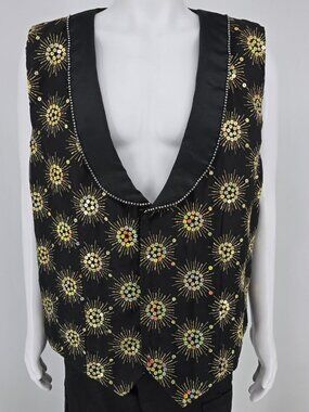 Vintage 1990s Rivars Stagewear Black Sunburst Sequin Rhinestone Trim Vest (XL)